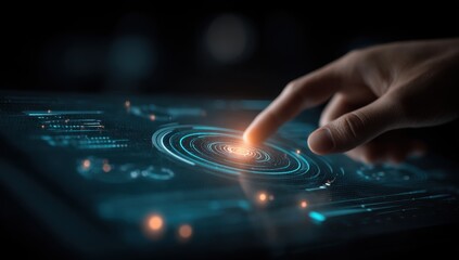 Hand interacts with futuristic touchscreen interface