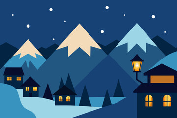 Cozy village nestled in snowy mountains under a starry night sky