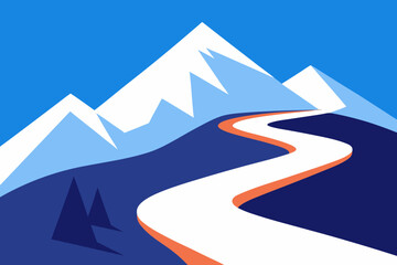 Stylized winding road leads to snow capped mountains under blue sky