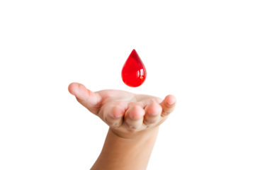 A hand holding a single drop of red liquid on a transparent background