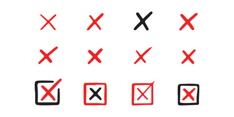 Green check symbol and red cancel icon. Affirmative and negative buttons. Accept and reject controls. Tick and X buttons. Vector graphics and silhouette signs on white backdrop.
