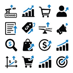 Collection of business icons representing economic growth, market demand, supply, and financial success in a modern flat design.