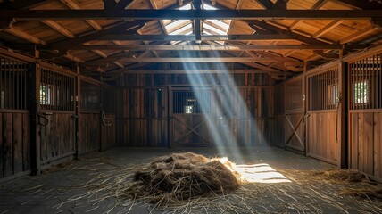 An atmospheric shot of an empty, rustic wooden stable with a single beam of light shining on fresh straw. Perfect background for text