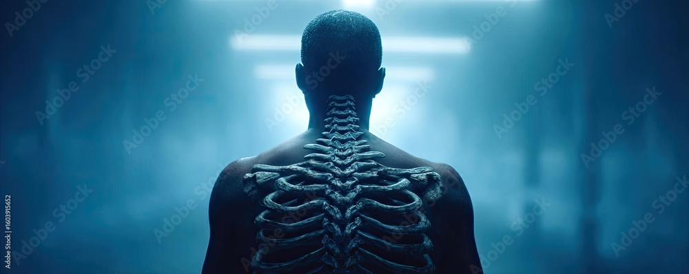Poster spinal damage with joint stiffness concept. human figure with visible skeletal structure in ethereal