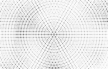 Radial halftone gradient background. Dotted concentric texture with fading effect. Black and white circle shade wallpaper. Grunge rough vector. Monochrome backdrop