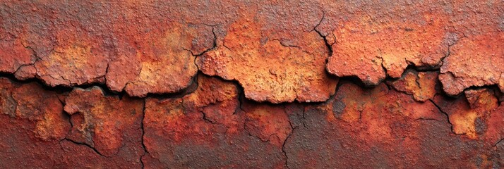 Close up view of rusty metal texture with cracks. Old corroded iron surface concept for industrial backgrounds and wear.