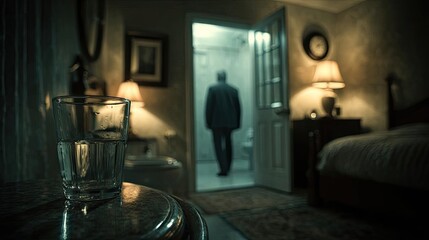 Urinary urgency and night urination concept. A tense moment captured in a dimly lit room with a shadowy figure.