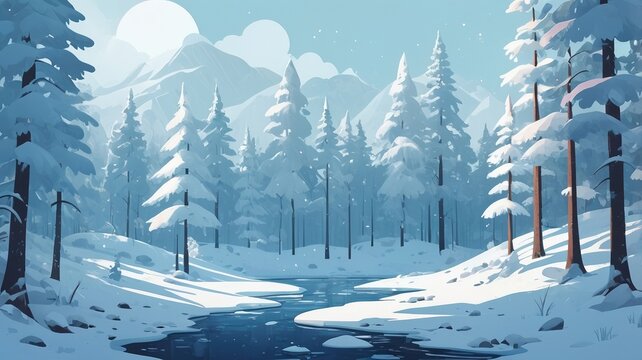 A snowy landscape with snow covered trees and a stream running through the forest in winter season - Powered by Adobe