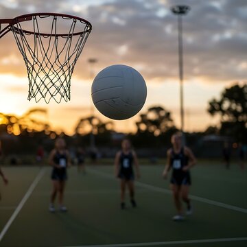 a netball captured mid-air, nearing a hoop on an outdoor court at sunset, with players blurred in the background, creating a dynamic sports scene. 