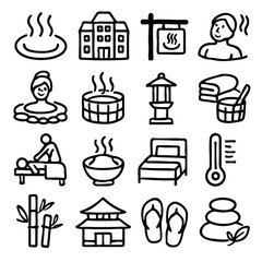 A collection of spa and wellness icons, including hot springs, massage, and relaxation elements, designed in a simple, line art style, perfect for health and beauty related projects.