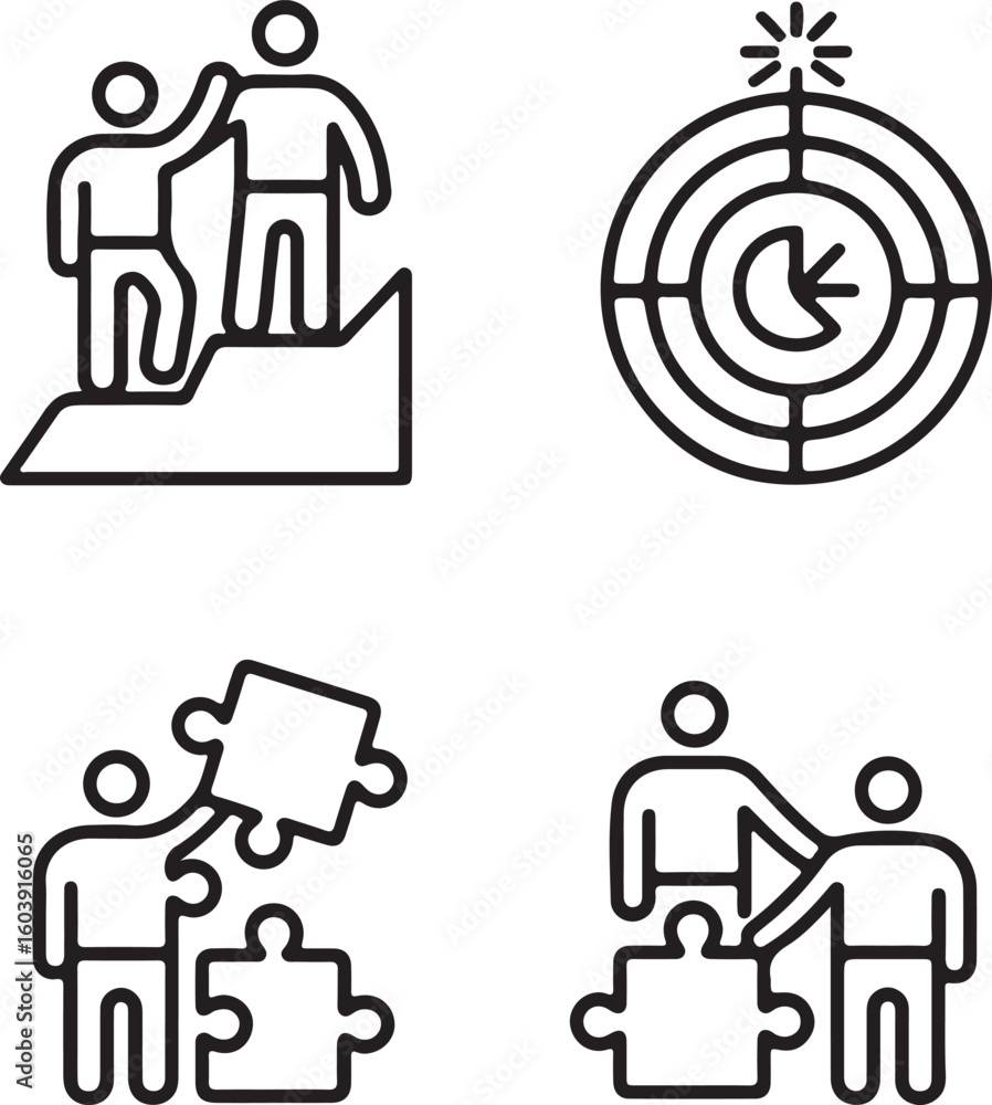 Poster business and teamwork icon set depicting collaboration achievement strategy and problem solving in a