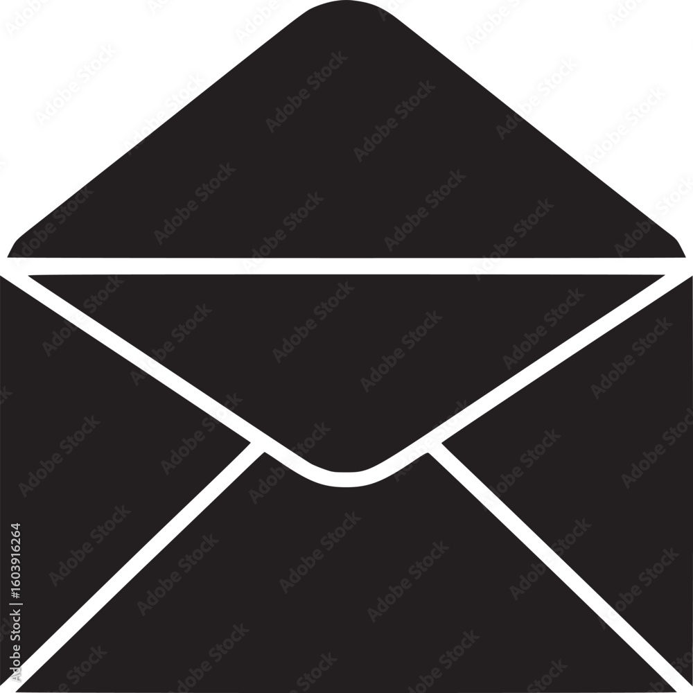 Poster a simple black and white graphic illustration of an open envelope with a triangular flap design show