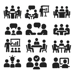 Collection of simple black icons depicting various business meeting scenarios, including presentations, discussions, and teamwork, ideal for presentations or website design.