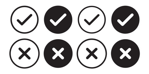 Green check symbol and red cancel icon. Affirmative and negative buttons. Accept and reject controls. Tick and X buttons. Vector graphics and silhouette signs on white backdrop.