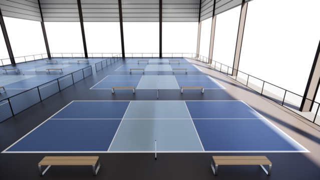 Indoor pickleball tennis court with blue and grey color inside metal structure building  with transparent background