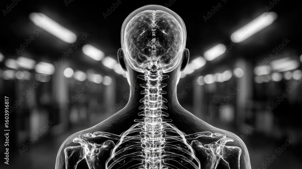 Poster spinal damage with joint stiffness concept. x-ray image highlighting human spine and brain structure