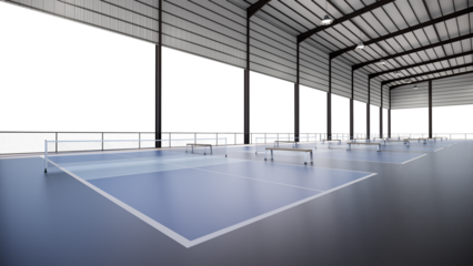 Corner view pickleball tennis courts inside metal structure building with transparent background