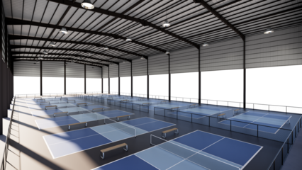 wide angle pickleball tennis courts inside metal structure building