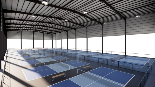 wide angle pickleball tennis courts inside metal structure building