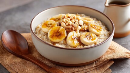 Bowl of oatmeal topped with caramelized banana slices and chopped nuts, ceramic spoon resting beside, warm tones