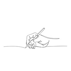 Vector line art of a female hand holding a pen while writing, minimalist black outline illustration