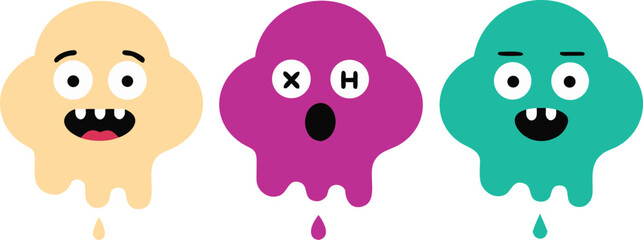 Fototapeta premium Vector art of three colorful cartoon blobs with expressive faces and dripping bodies on a transparent background.