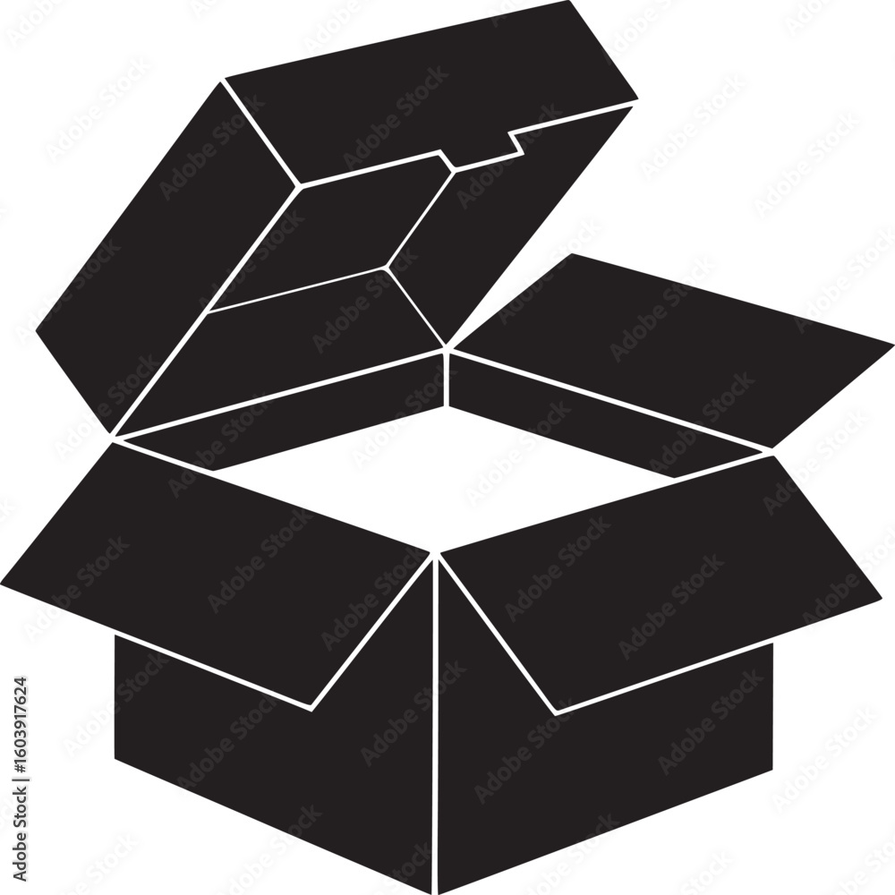 Poster a black and white graphic illustration of an open cardboard box with flaps and a partially open lid