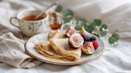 cozy vintage balcony breakfast scene, thin pancakes folded with honey and figs on ceramic plate, fresh berries, linen napkin, soft sunlight through leaves