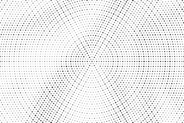 Radial halftone dots. Spotted and dotted stains gradient background. Concentric comic texture with fading effect. Black and white rough gritty wallpaper. Grunge monochrome geometric backdrop. Vector