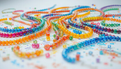 Obraz premium Colorful plastic beads arranged in wavy lines and scattered across white surface, representing creativity, playful energy, handmade crafts, and vibrant DIY materials 