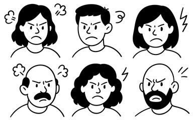 Set of angry doodle faces showing frustration and rage emotions in hand drawn style