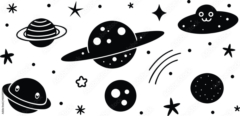 Poster vector art of whimsical black and white illustration of planets stars and a friendly alien spaceship