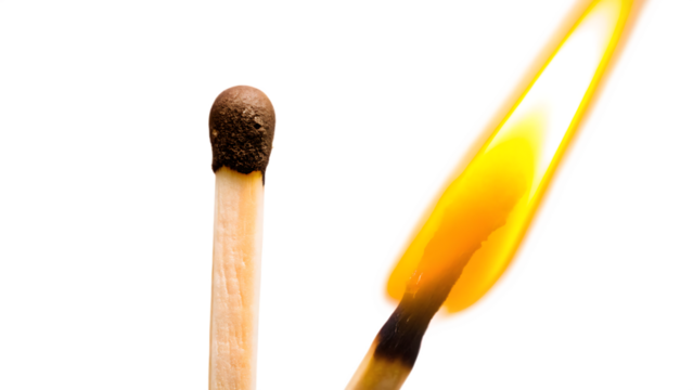 Burning matchstick and unlit matchstick isolated on a transparent background fire