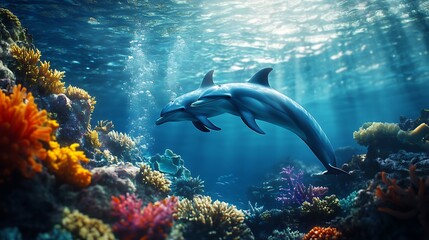 Dolphins swimming above colorful coral reef landscape high resolution picture