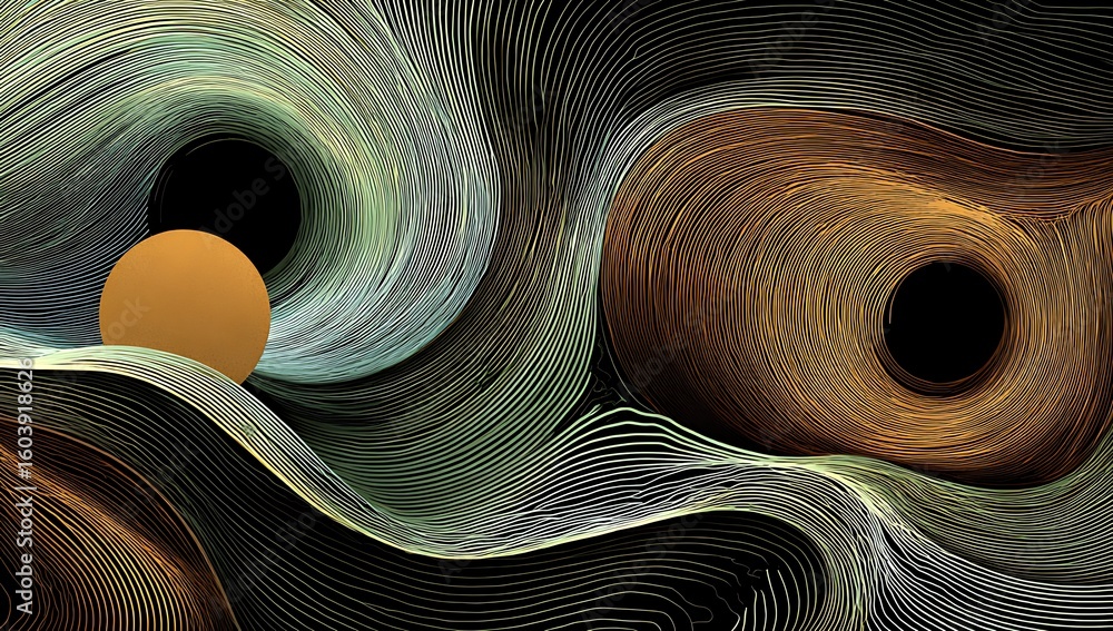 Poster abstract swirling lines of gold and teal in a tunnel effect, dynamic abstract image showcasing swirl