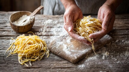 Fresh handmade tagliatelle on a rustic wooden board, dusted with flour, hands shaping pasta, vintage kitchen background