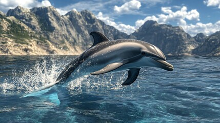 Fototapeta premium Dolphins swimming in unison below sunlit surface high resolution picture