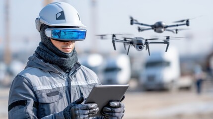 futuristic drone operator controlling flying drones at a construction site, wearing smart helmet and gloves, digital control tablet in hands