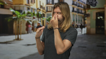 Blond man with long hair pinches nose and waves free hand in disgust on a bustling street; stinky...