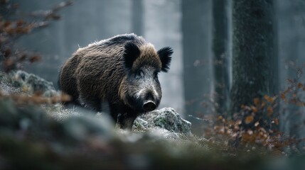 Wild boar standing in a misty forest, highlighting its majestic features and rich fur.