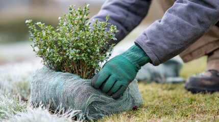gardener wrapping bush in protective fabric for winter, hands in gloves, frost covered grass in background