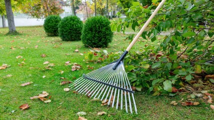 garden rake collecting trimmed branches and leaves on green lawn, neat backyard with trimmed shrubs