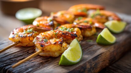 Grilled tiger prawns on skewers with lime slices, served on rustic wooden board, warm ambient light