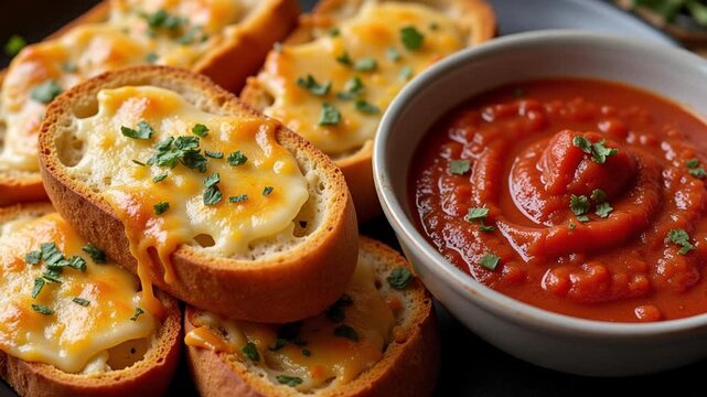 Golden garlic bread oozing with melted mozzarella, served with vibrant marinara sauce. A delicious side dish for a perfect Italian meal!