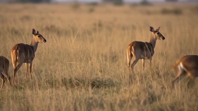Pukulike duikers with horns confidently stroll through a golden field of tall grass. Suitable for nature themed designs or wildlife campaigns.