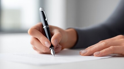 hand signing document with elegant black pen on empty white desk, only one paper and modern pen visible, overhead light