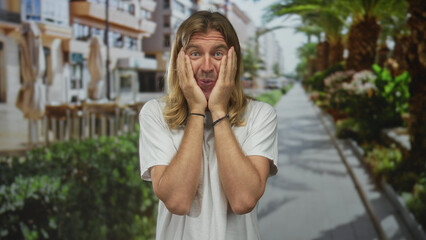 Blond man with long hair pressing cheeks with both hands on a sunny urban street lined with palm...