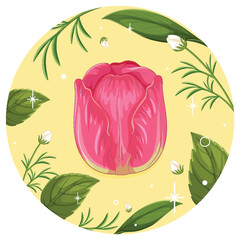 Vibrant Floral Vector with Pink Tulip and Leaves