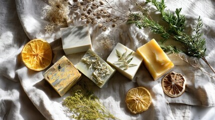 Handcrafted soap bars with botanical inclusions arranged on linen cloth, dried citrus and herbs scattered around, cozy morning light