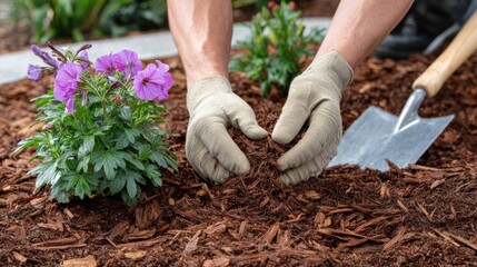 hands spreading bark mulch around flower bed, fresh soil and garden tools nearby, close up detail